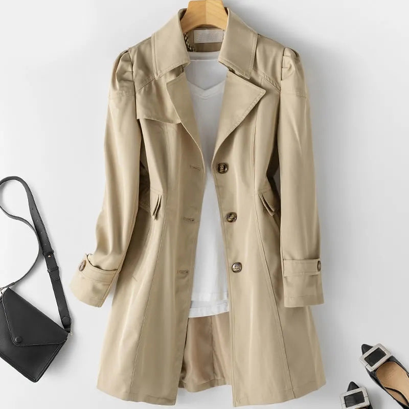 Véronique | Womens Mid-Length Trench Coat with Belt | Cotton Blend, Button Front | Black, White, Pink, Beige M-3XL