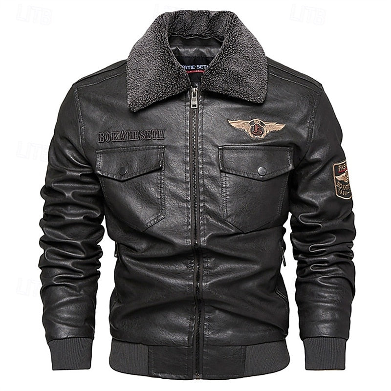 Men's Brown Faux Leather Bomber Jacket with Fleece Collar – Casual Winter Coat