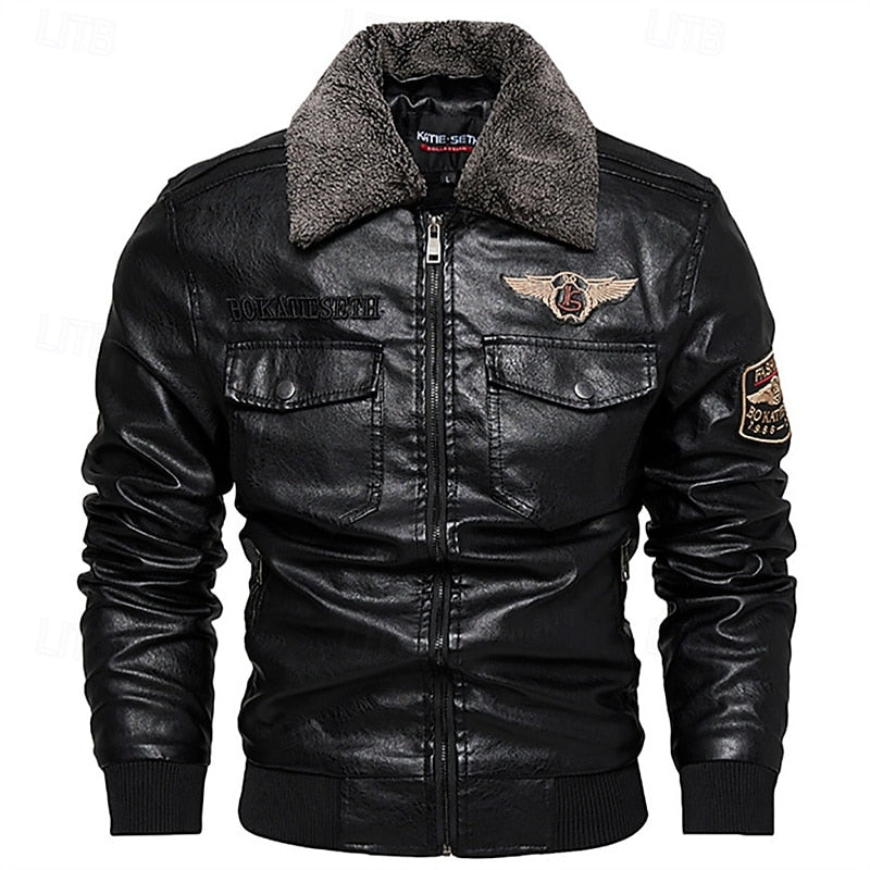 Men's Brown Faux Leather Bomber Jacket with Fleece Collar – Casual Winter Coat