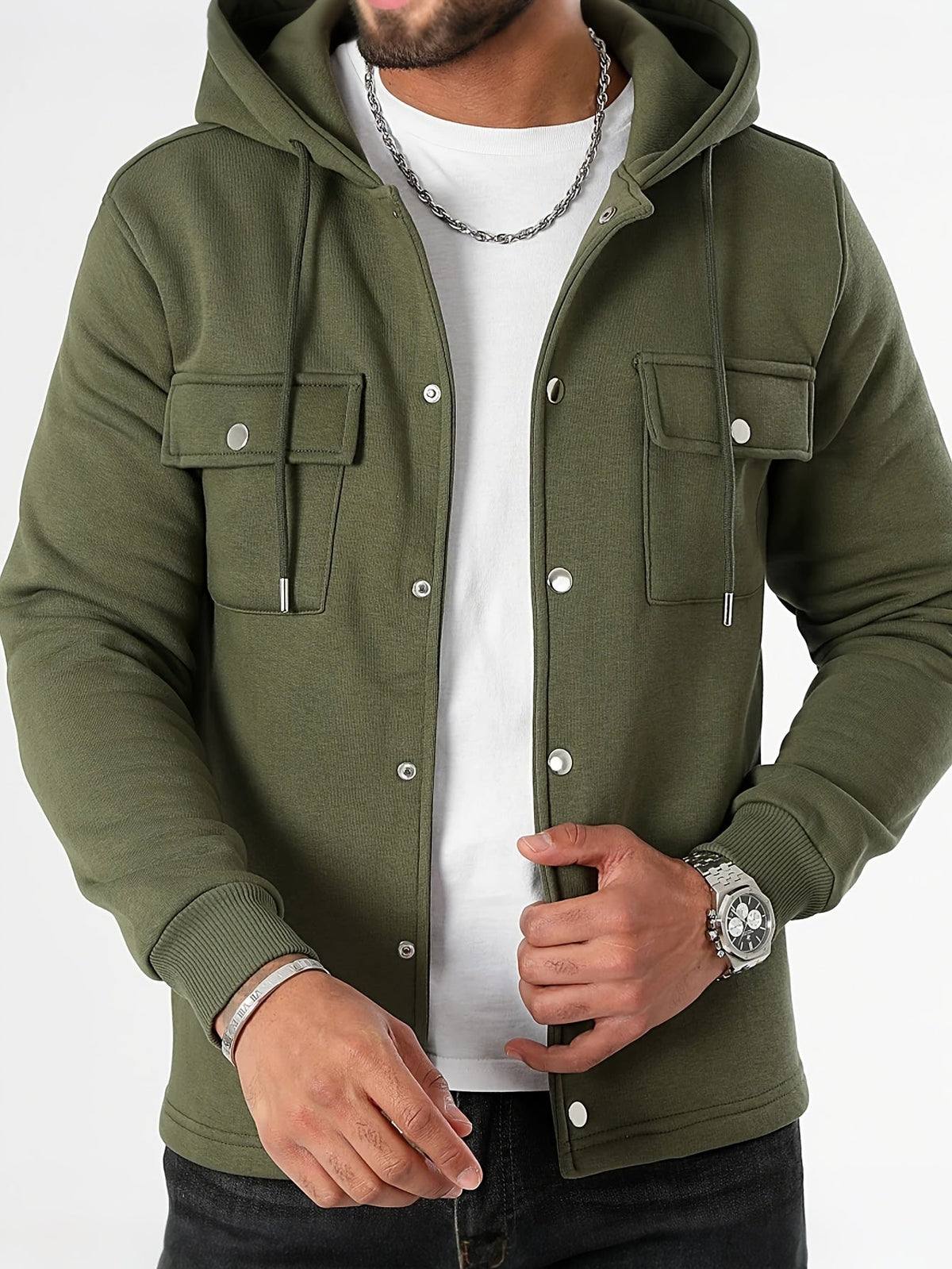 Men's Button-Front Hooded Jacket with Cargo Pockets