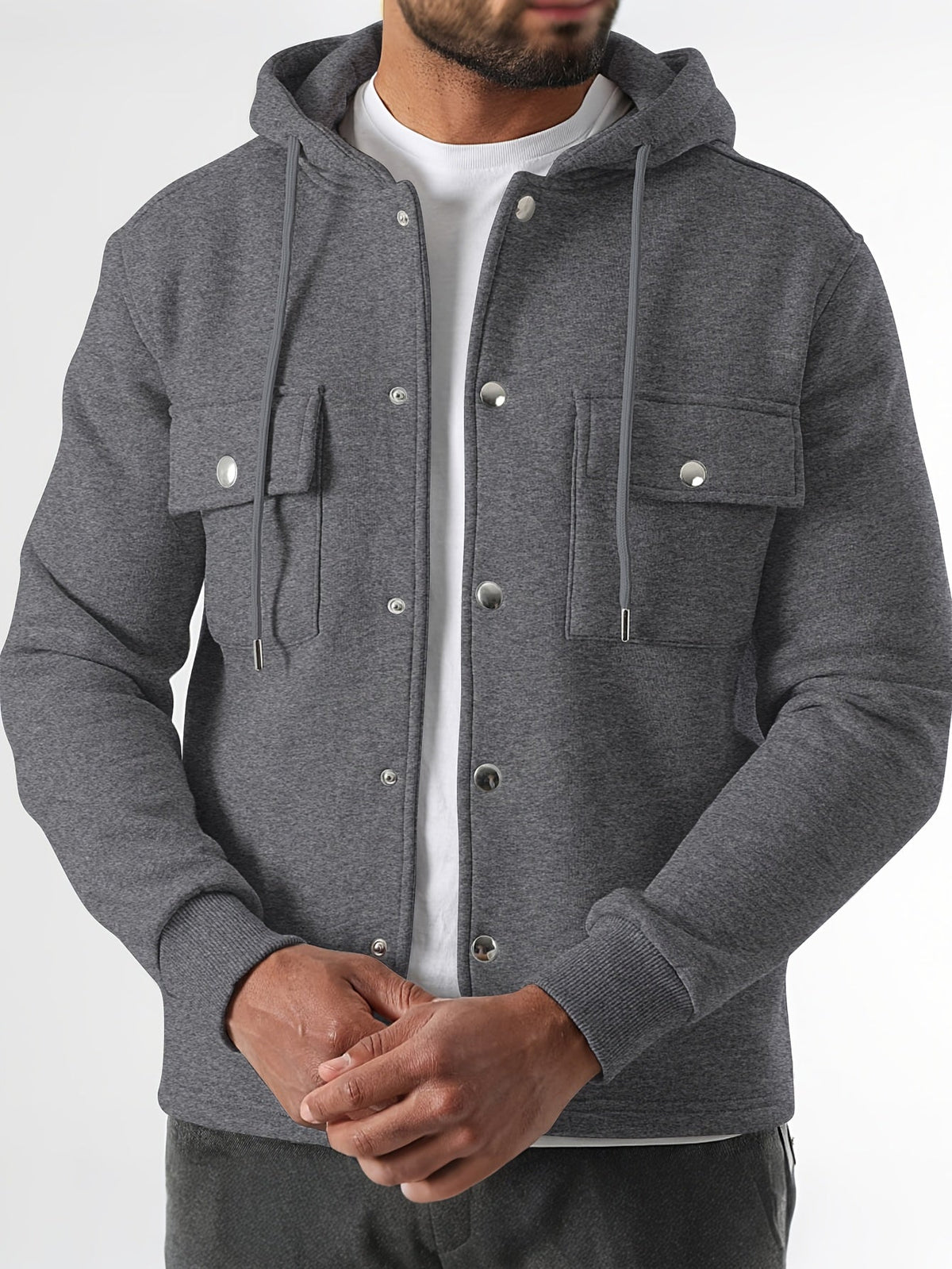 Men's Button-Front Hooded Jacket with Cargo Pockets