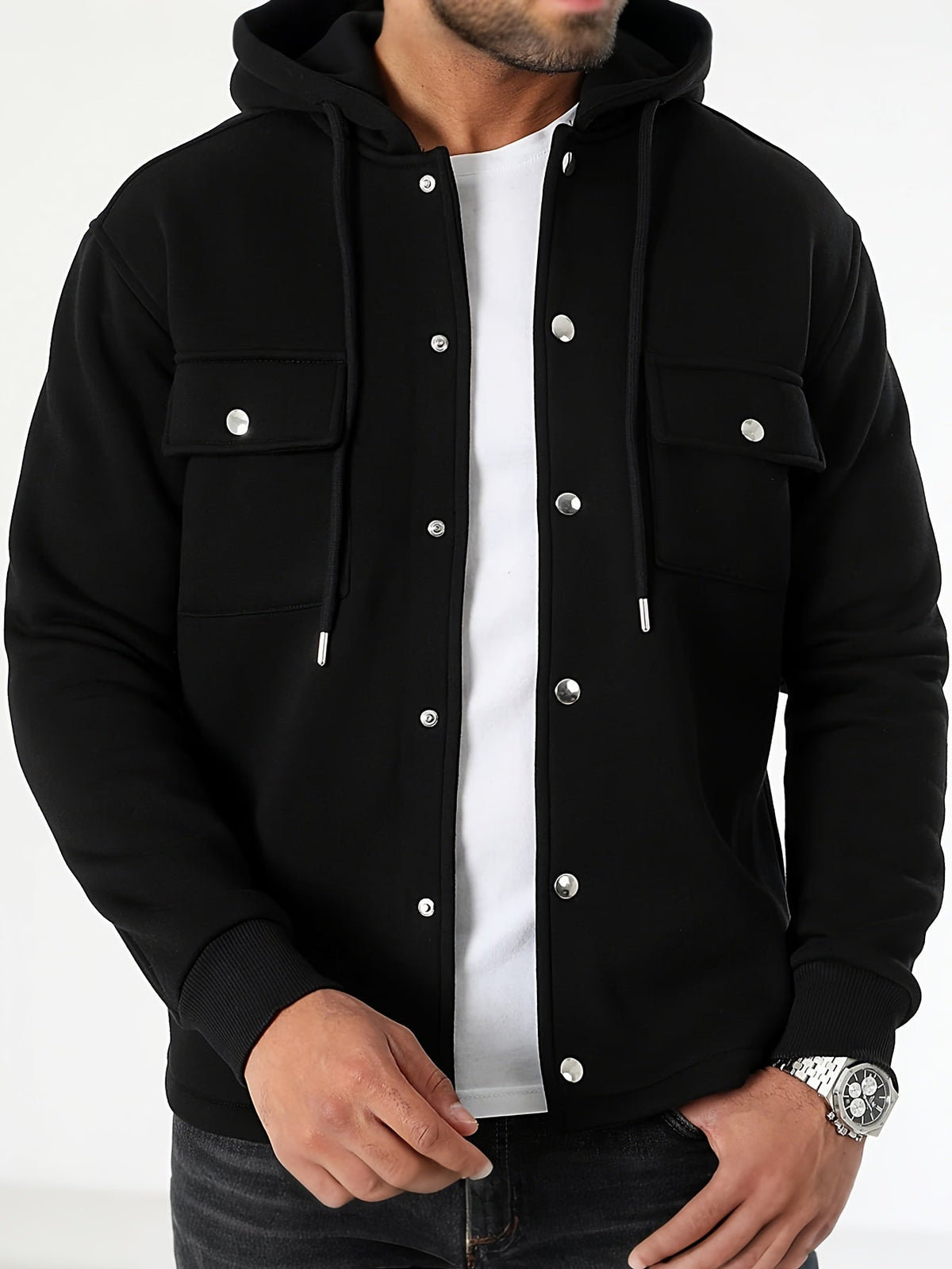 Men's Button-Front Hooded Jacket with Cargo Pockets