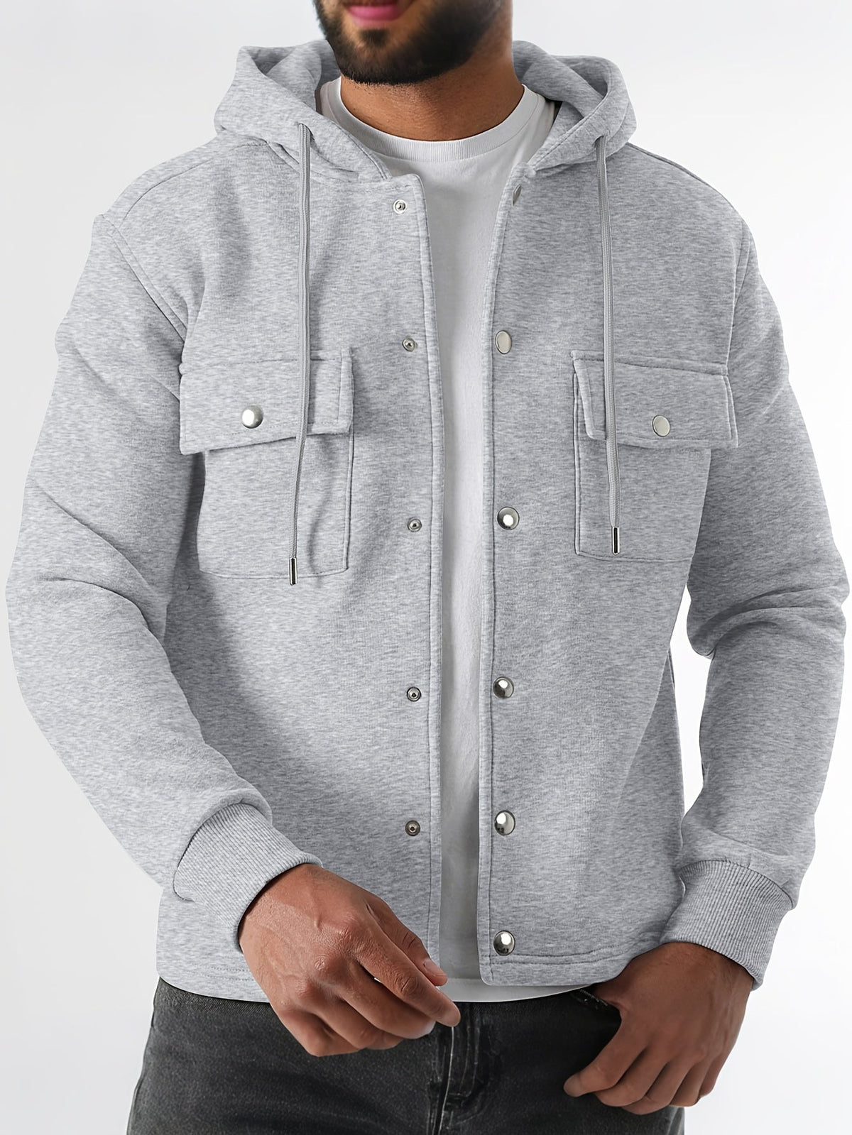 Men's Button-Front Hooded Jacket with Cargo Pockets