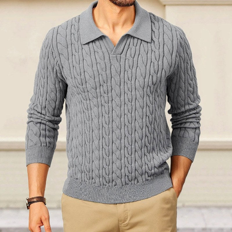 Men's Cable Knit Polo Collar Sweater