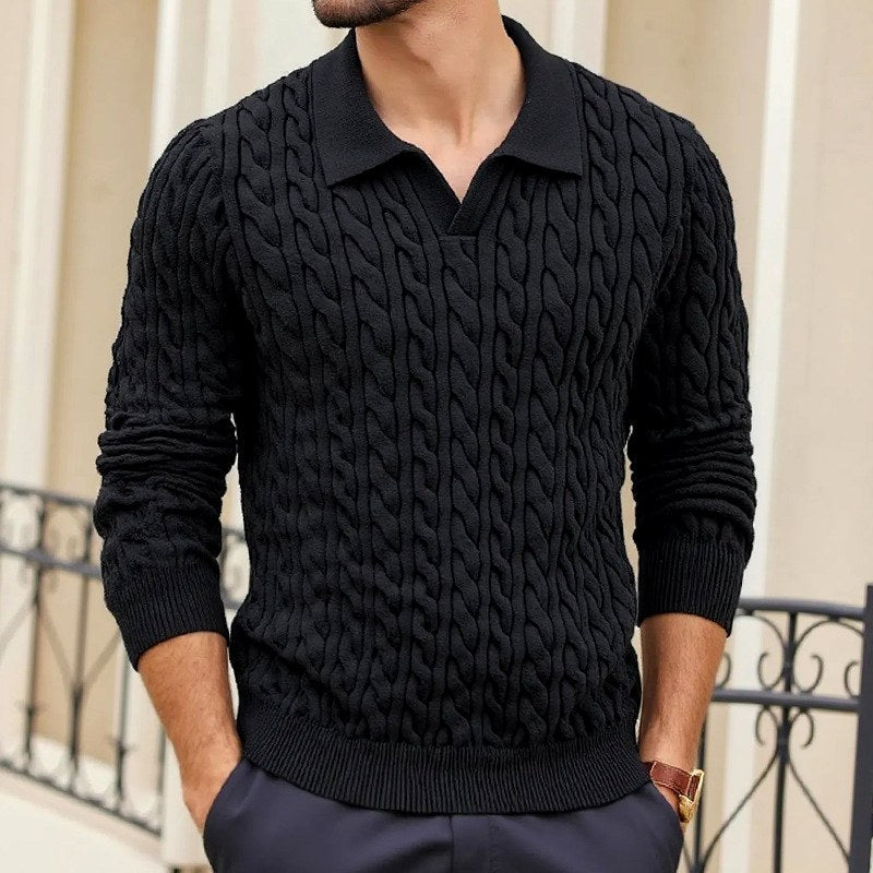 Men's Cable Knit Polo Collar Sweater