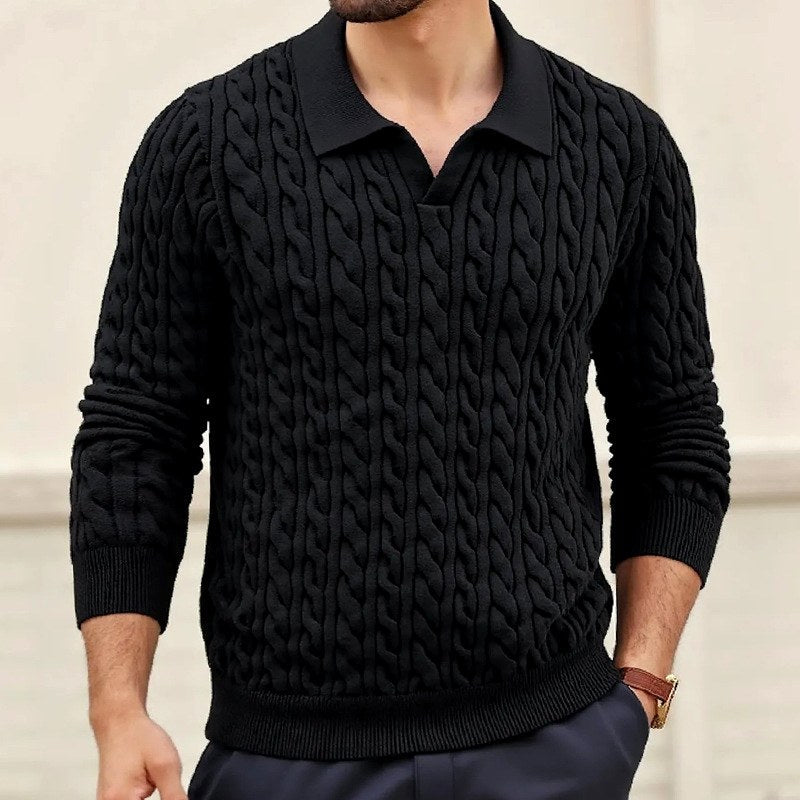 Men's Cable Knit Polo Collar Sweater