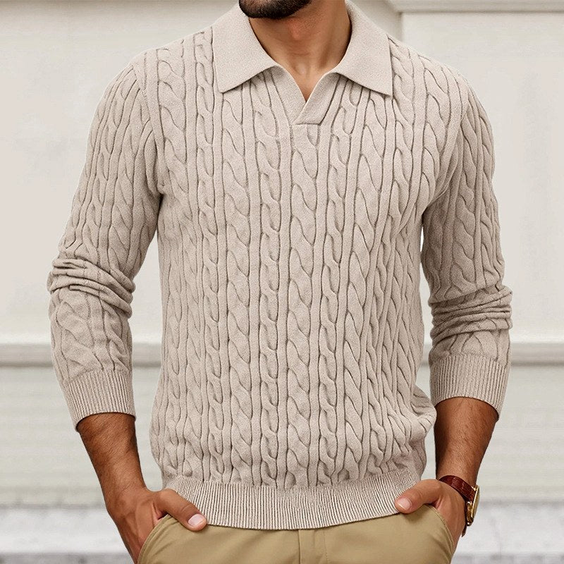 Men's Cable Knit Polo Collar Sweater