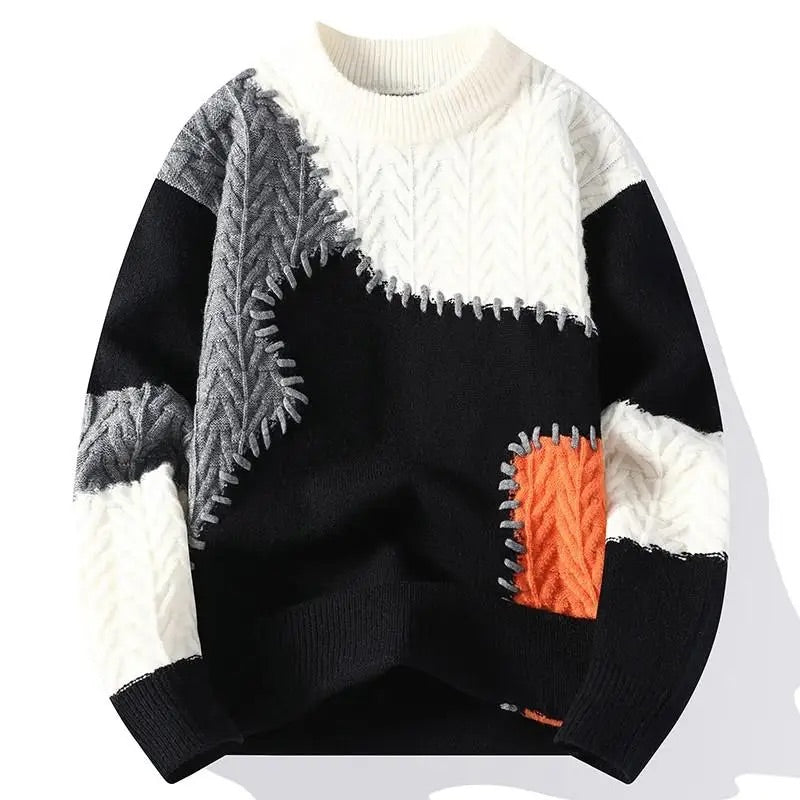 Men's Color-Block Patchwork Crewneck Sweater with Textured Knit Panels