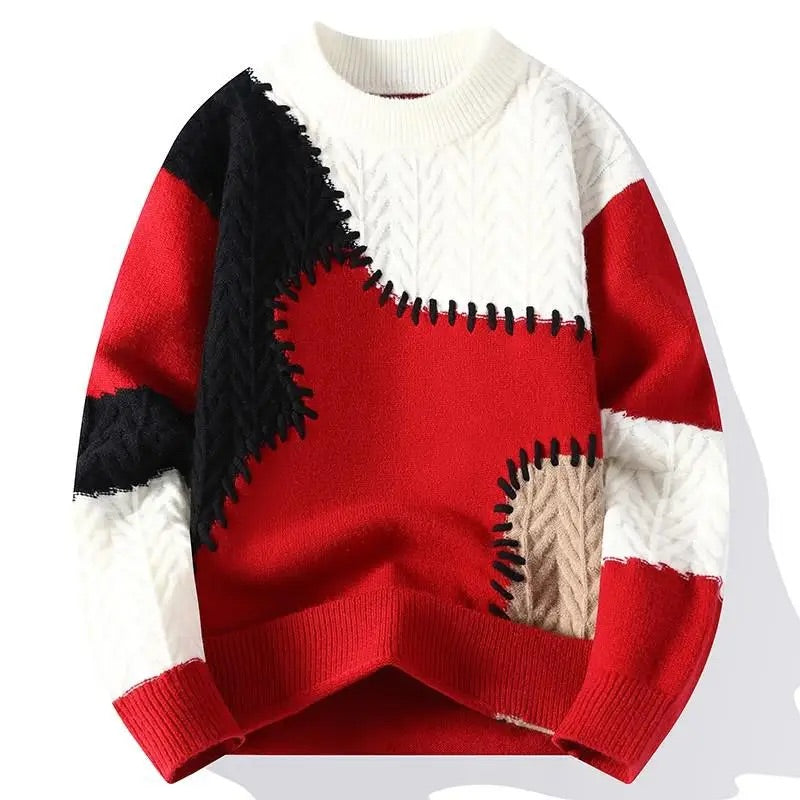 Men's Color-Block Patchwork Crewneck Sweater with Textured Knit Panels