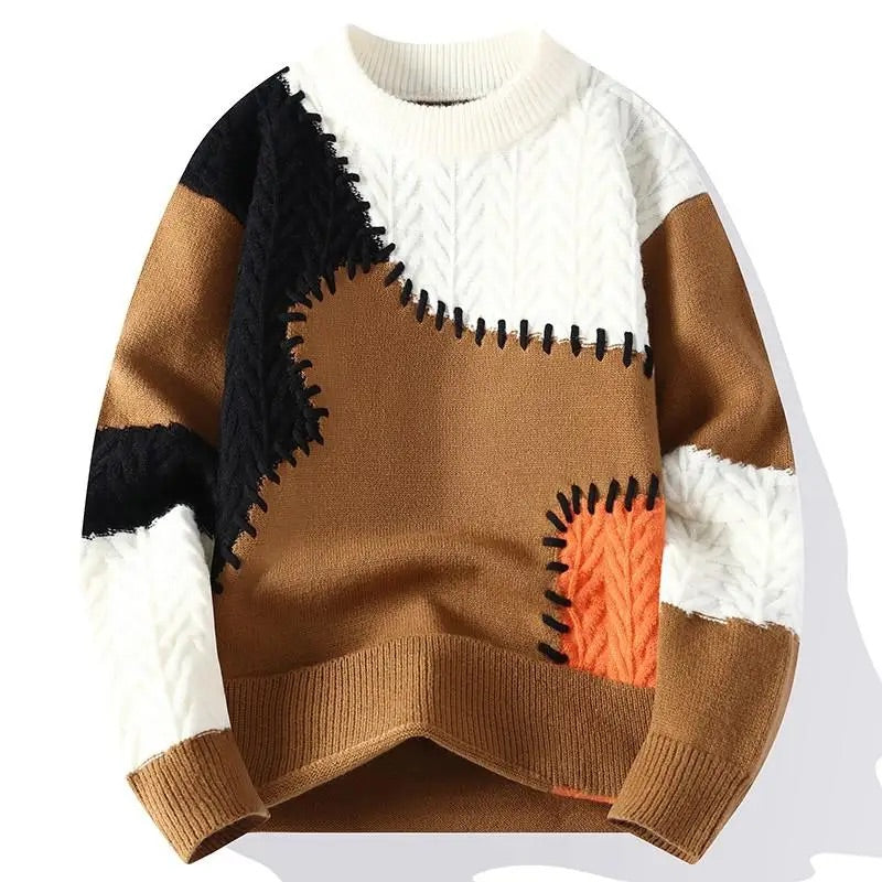 Men's Color-Block Patchwork Crewneck Sweater with Textured Knit Panels