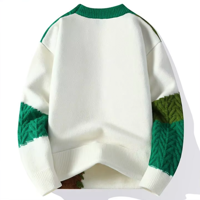 Men's Color-Block Patchwork Crewneck Sweater with Textured Knit Panels
