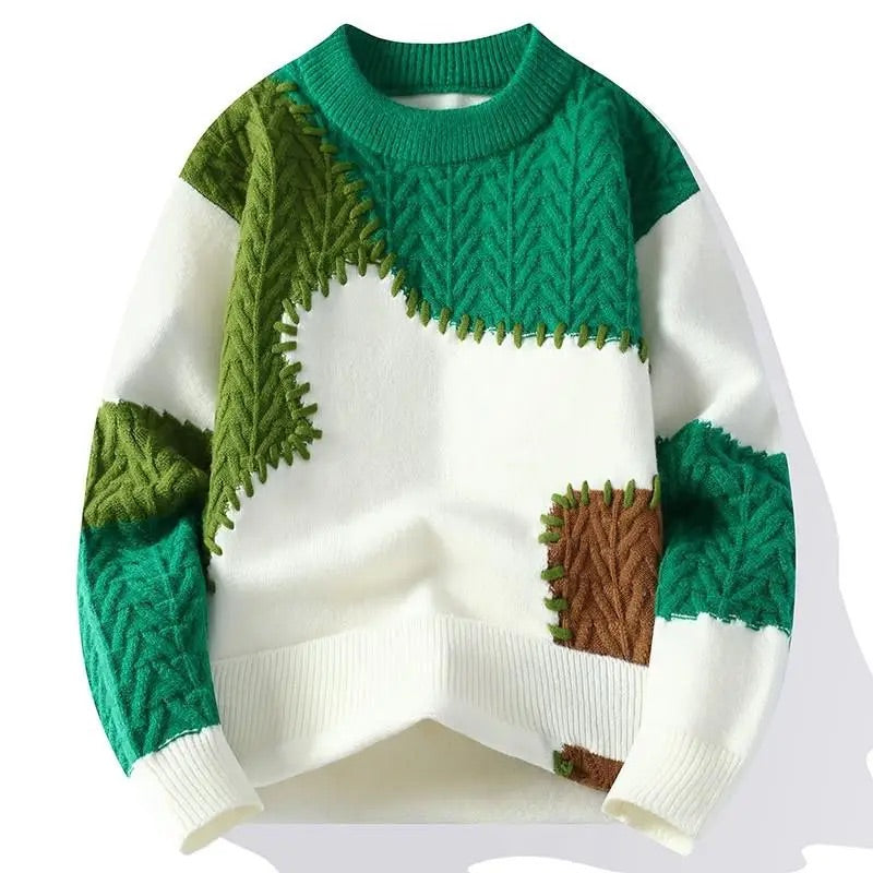 Men's Color-Block Patchwork Crewneck Sweater with Textured Knit Panels