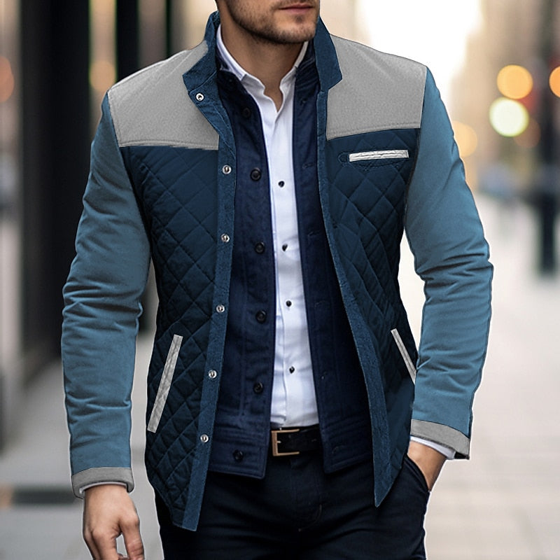 Men's Color Block Quilted Jacket with Stand Collar – Casual & Office