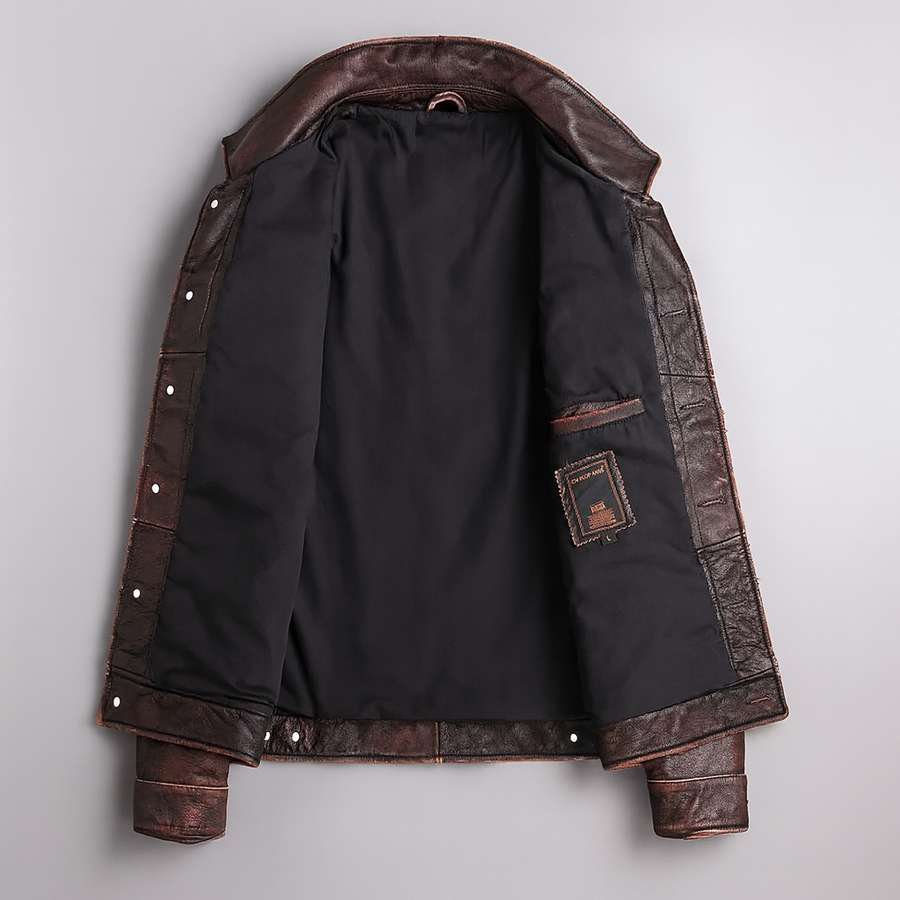 Men's Distressed Leather Button-Front Jacket