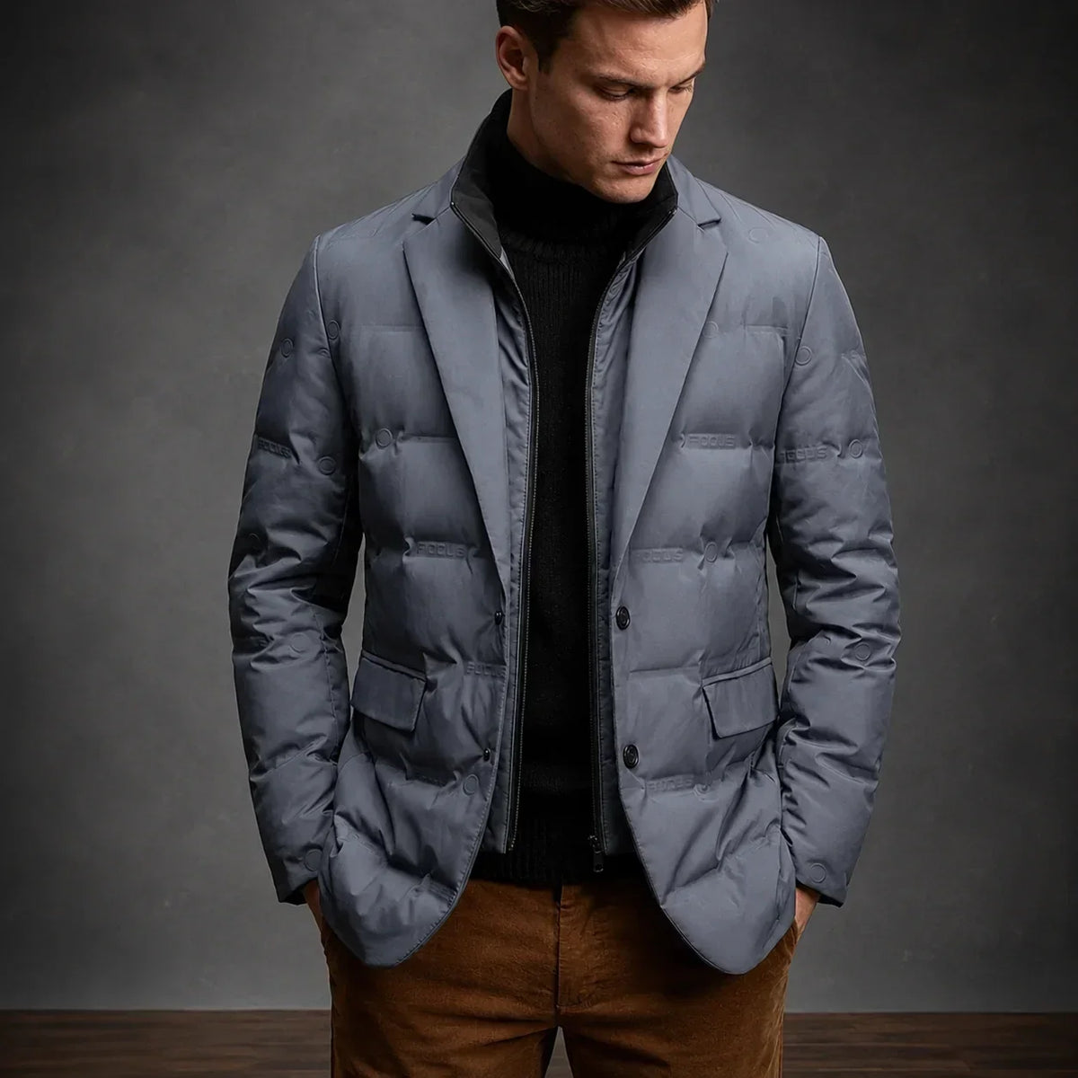 Men's Duck Down Puffer Blazer with Button Front Closure