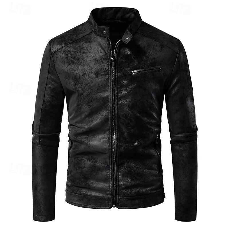 Men's Faux Leather Biker Jacket with Stand Collar and Zip-Up Design