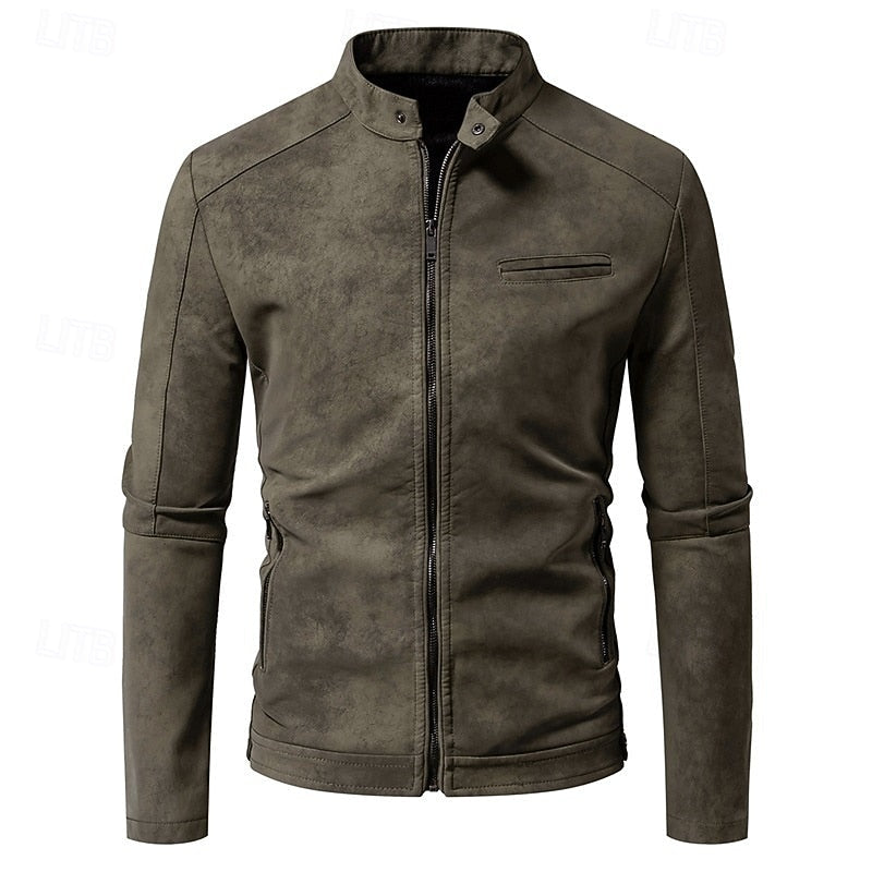 Men's Faux Leather Biker Jacket with Stand Collar and Zip-Up Design