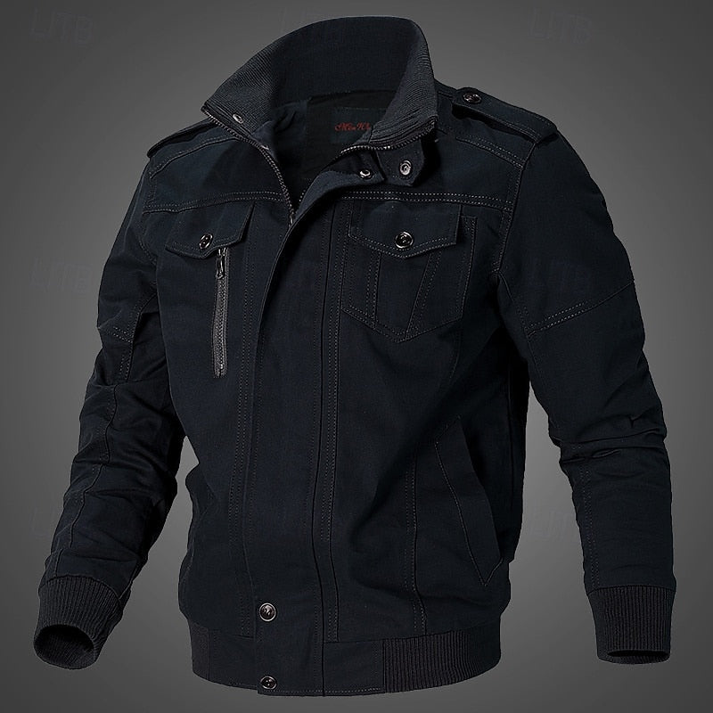 Men's Khaki Cotton Field Jacket with Stand Collar and Zip-Up Closure