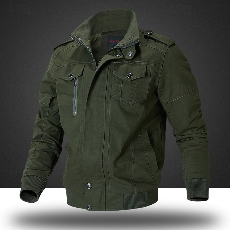 Men's Khaki Cotton Field Jacket with Stand Collar and Zip-Up Closure
