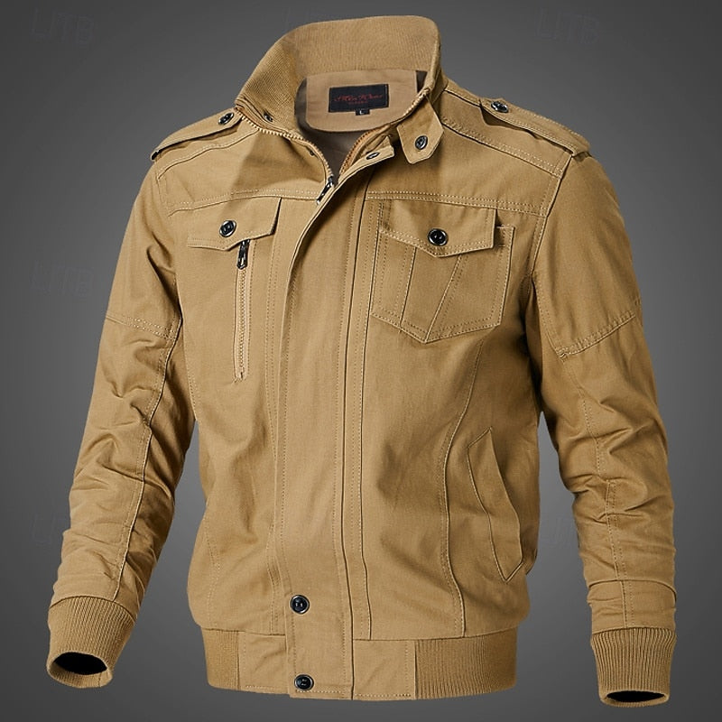 Men's Khaki Cotton Field Jacket with Stand Collar and Zip-Up Closure