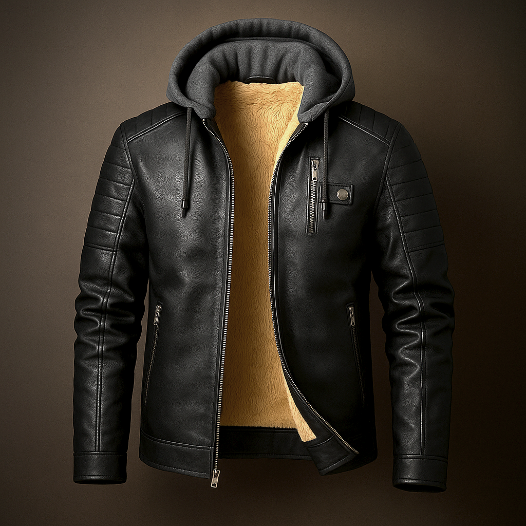 Men's Leather Jacket with Detachable Hood