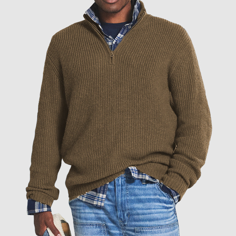 Men's Mock-Neck Ribbed Pullover with Zip Closure