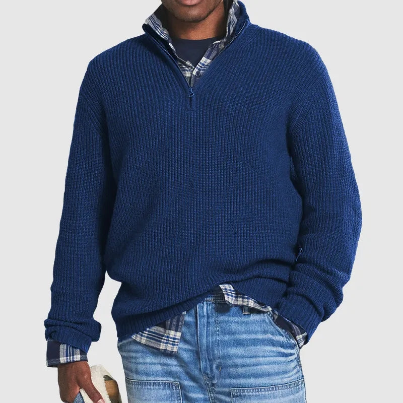 Men's Mock-Neck Ribbed Pullover with Zip Closure