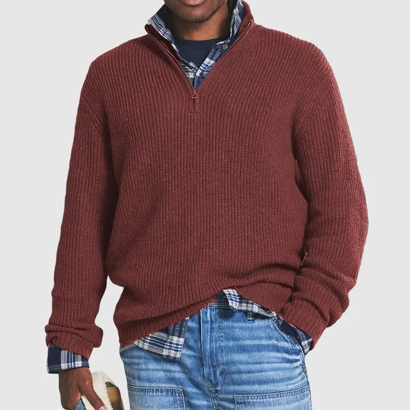 Men's Mock-Neck Ribbed Pullover with Zip Closure