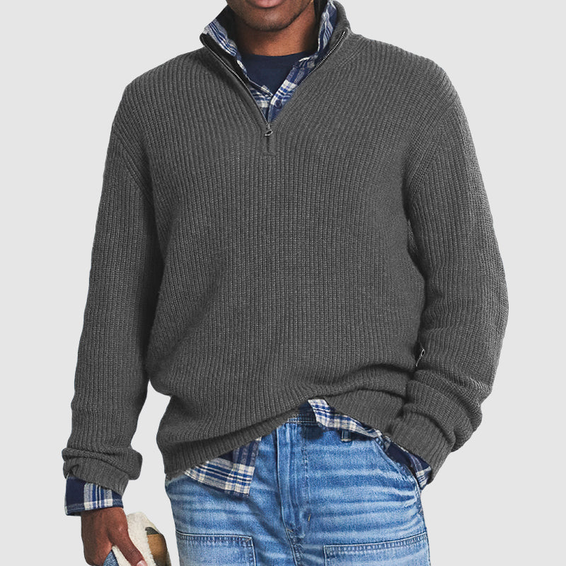 Men's Mock-Neck Ribbed Pullover with Zip Closure