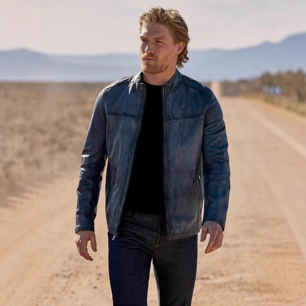 Men's Moto Jacket with Stand Collar and Zip Front, Side Pockets