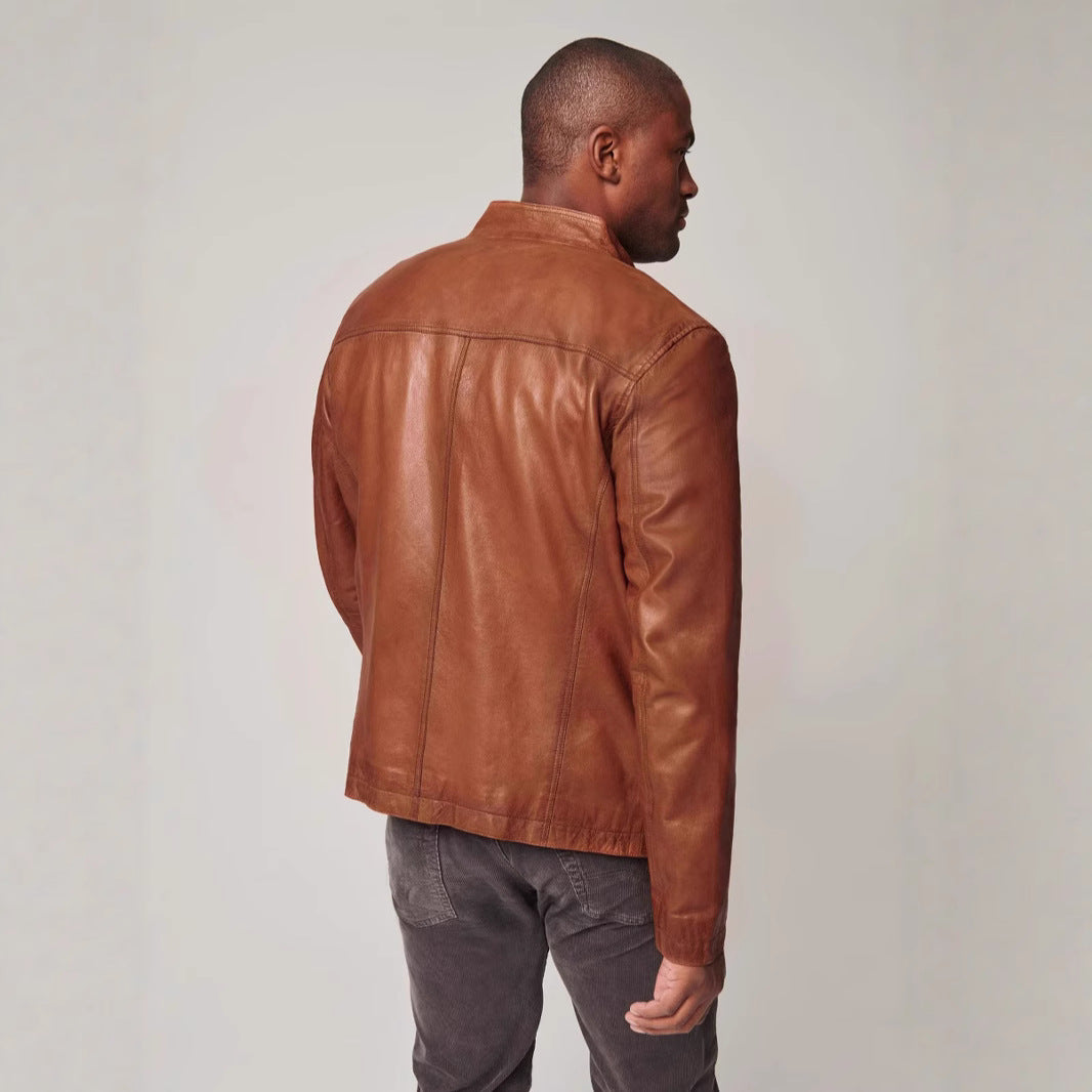 Men's Moto Jacket with Stand Collar and Zip Front, Side Pockets