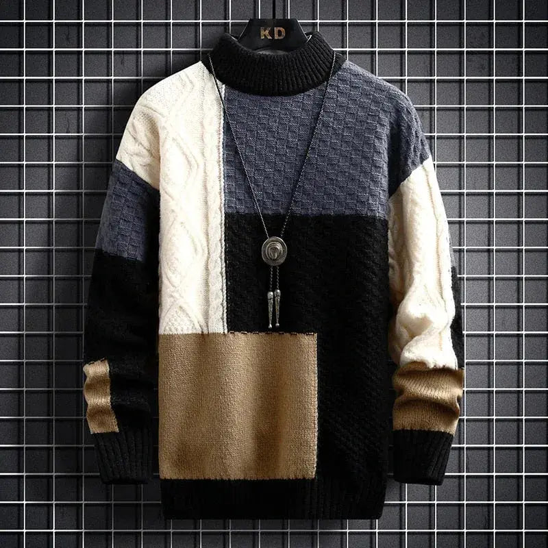 Men's Patchwork Crewneck Sweater with Tonal Texture