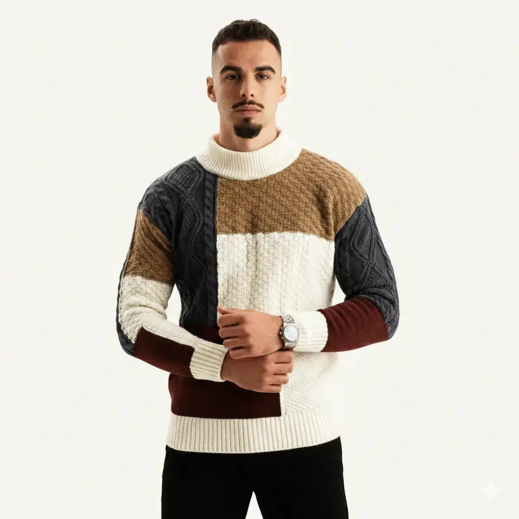 Men's Patchwork Crewneck Sweater with Tonal Texture