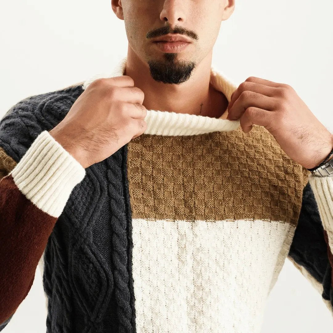 Men's Patchwork Crewneck Sweater with Tonal Texture