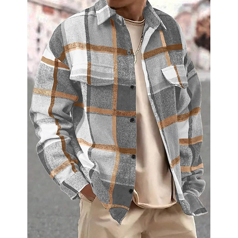 Men's Plaid Flannel Overshirt Long Sleeve Button-Up Shacket for Fall