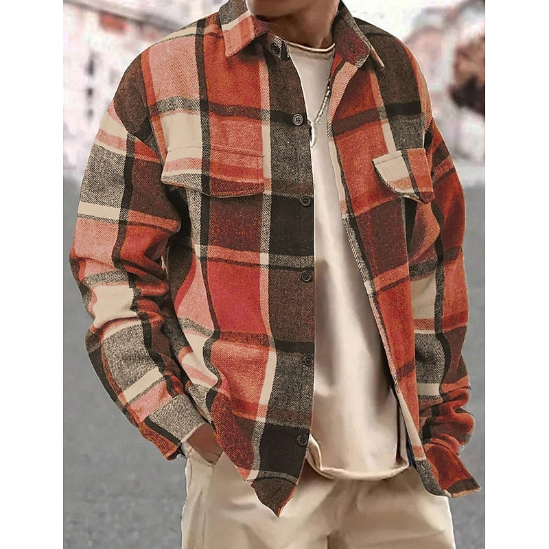 Men's Plaid Flannel Overshirt Long Sleeve Button-Up Shacket for Fall