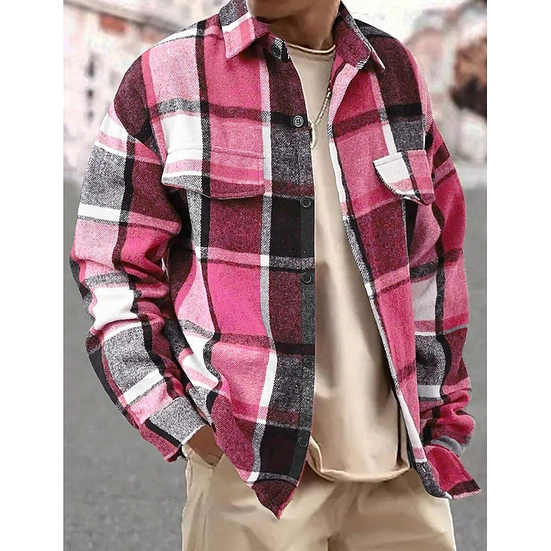 Men's Plaid Flannel Overshirt Long Sleeve Button-Up Shacket for Fall