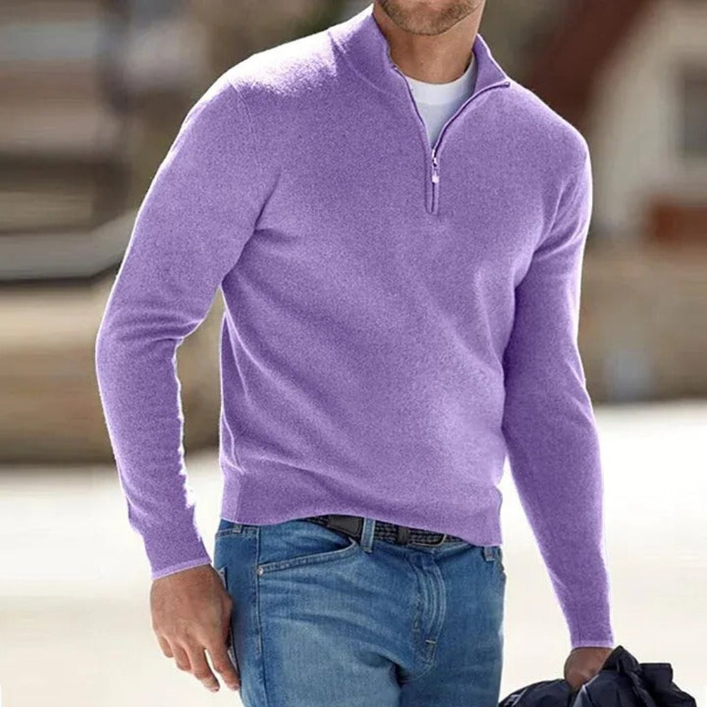 Men's Quarter Zip Polyester Knit Sweater with Ribbed Hem