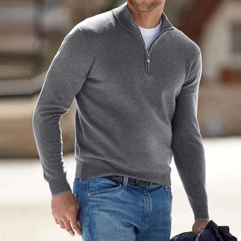 Men's Quarter Zip Polyester Knit Sweater with Ribbed Hem