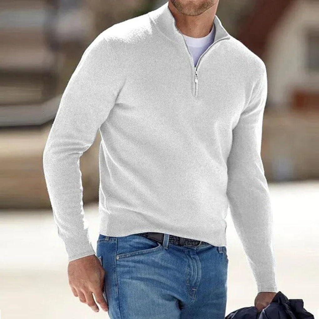Men's Quarter Zip Polyester Knit Sweater with Ribbed Hem