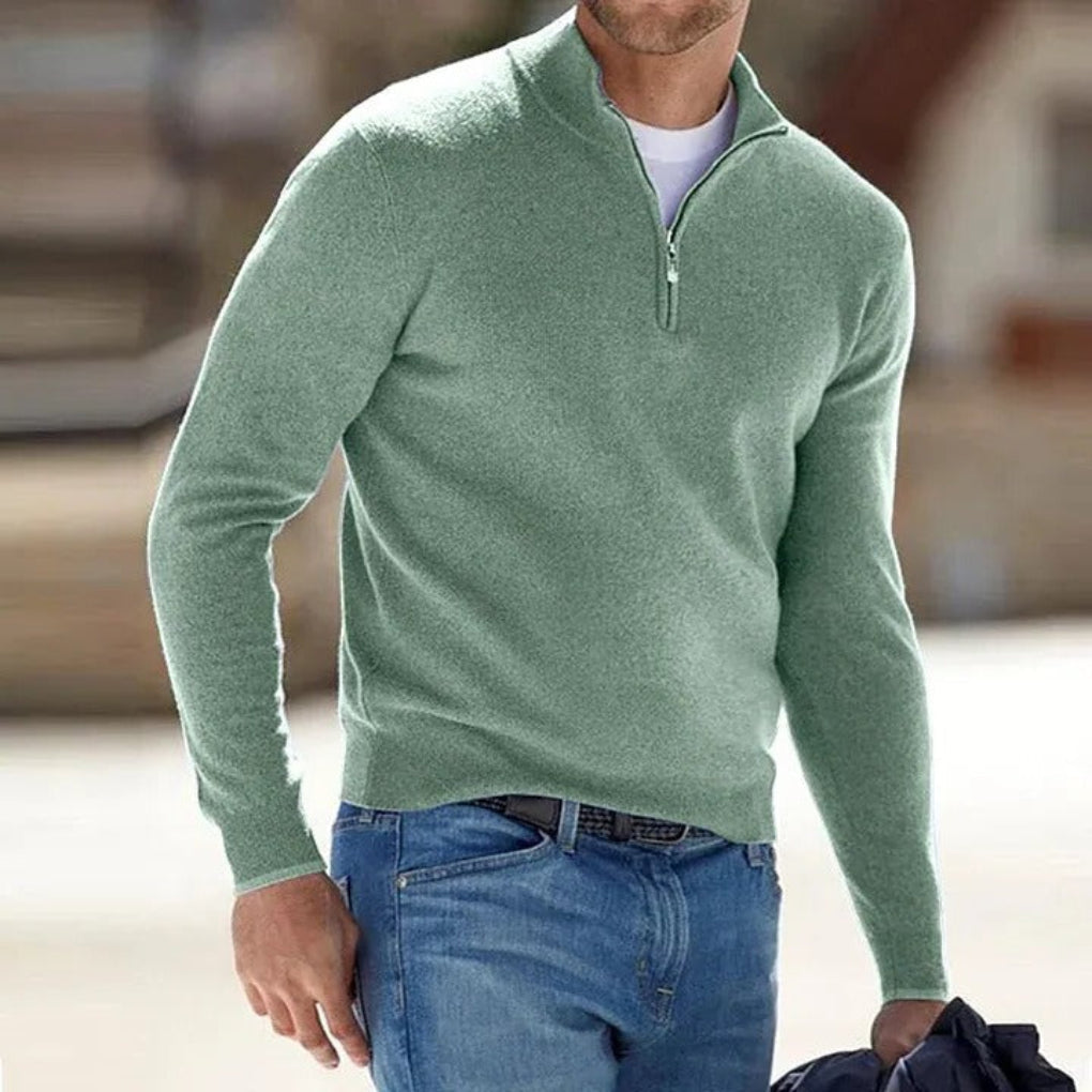 Men's Quarter Zip Polyester Knit Sweater with Ribbed Hem