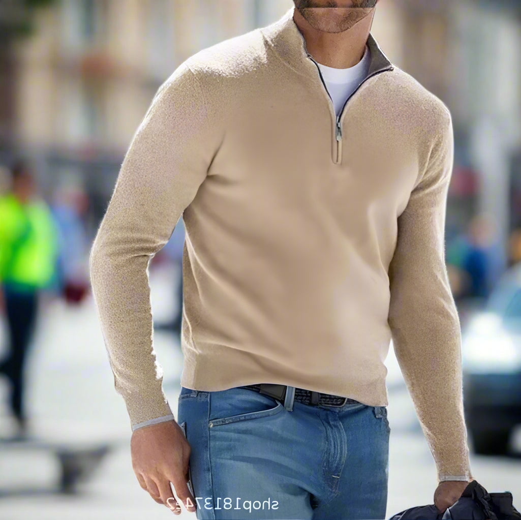 Men's Quarter Zip Polyester Knit Sweater with Ribbed Hem