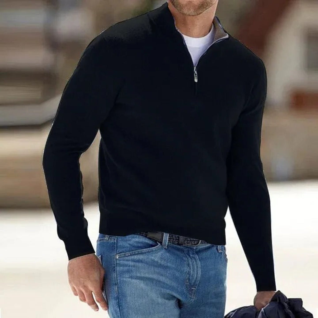 Men's Quarter Zip Polyester Knit Sweater with Ribbed Hem