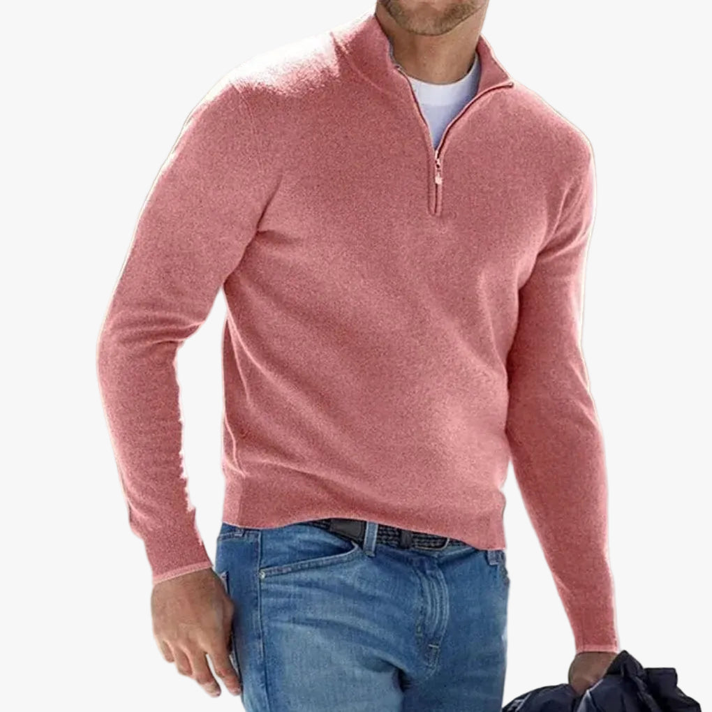 Men's Quarter Zip Polyester Knit Sweater with Ribbed Hem