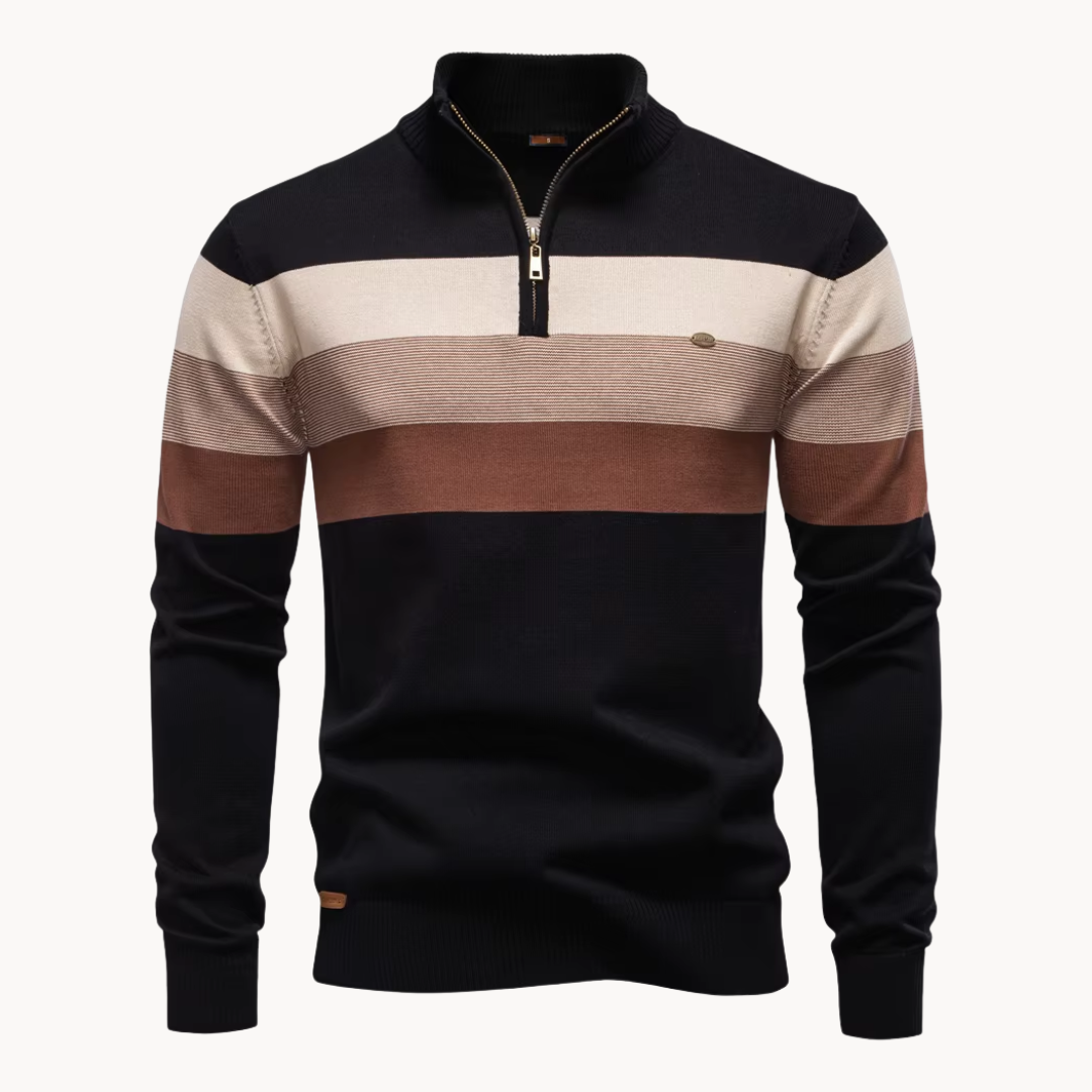 Men's Striped Quarter-Zip Sweater, Mock Neck, Long Sleeves