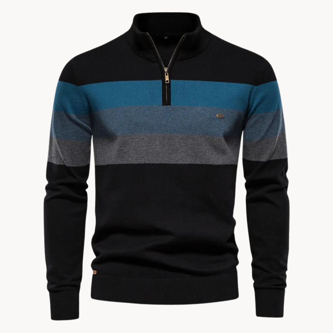 Men's Striped Quarter-Zip Sweater, Mock Neck, Long Sleeves