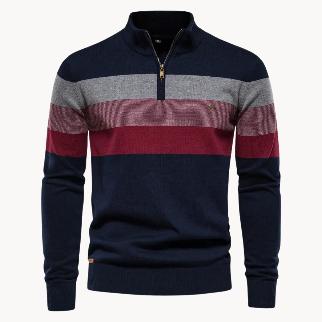 Men's Striped Quarter-Zip Sweater, Mock Neck, Long Sleeves