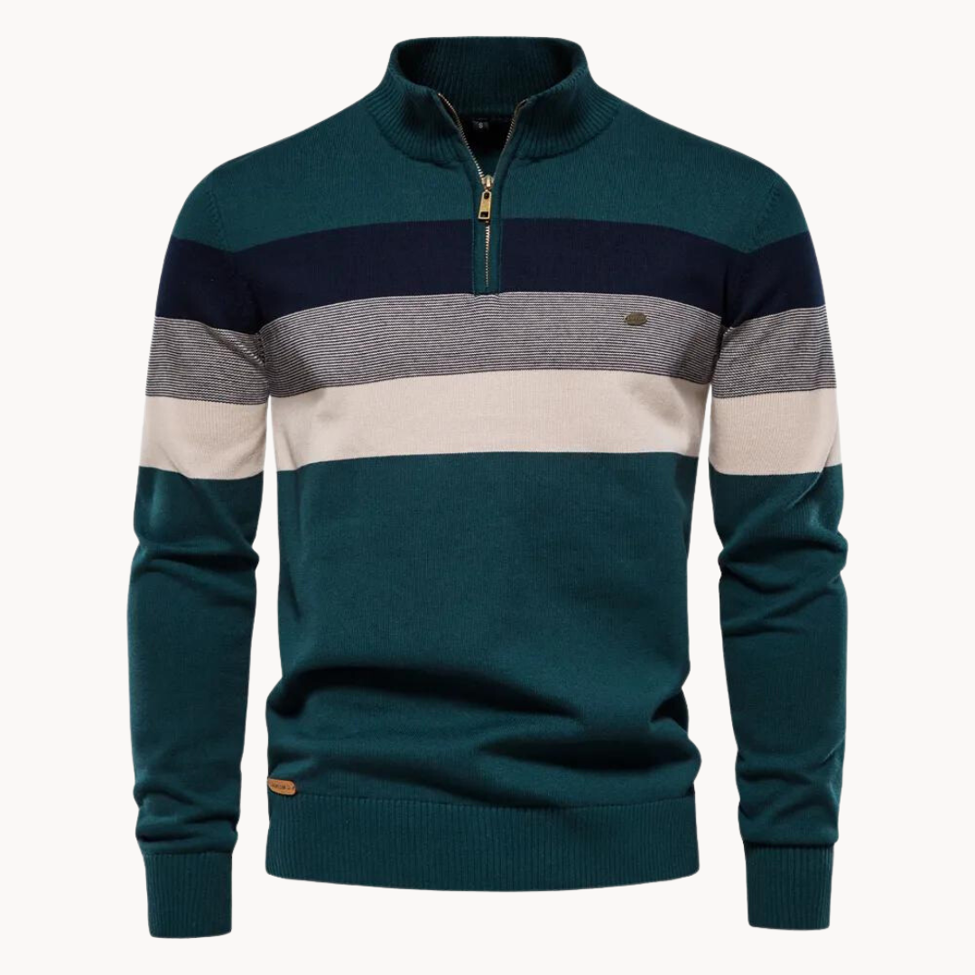 Men's Striped Quarter-Zip Sweater, Mock Neck, Long Sleeves