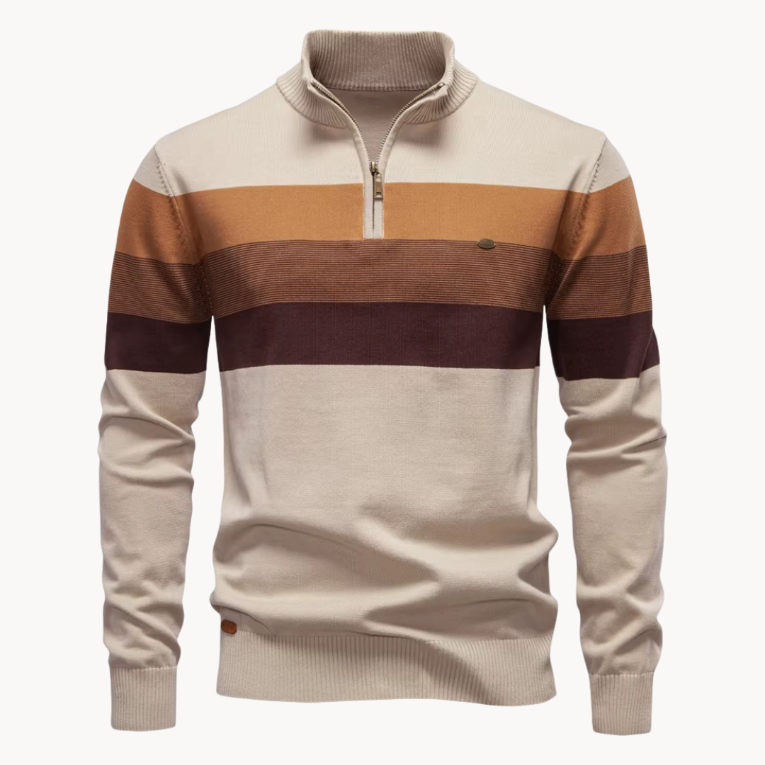 Men's Striped Quarter-Zip Sweater, Mock Neck, Long Sleeves