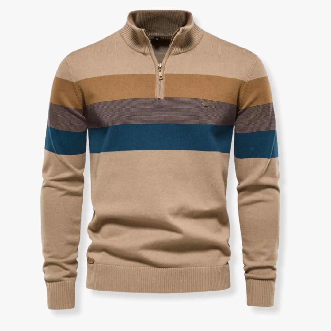 Men's Striped Quarter-Zip Sweater, Mock Neck, Long Sleeves